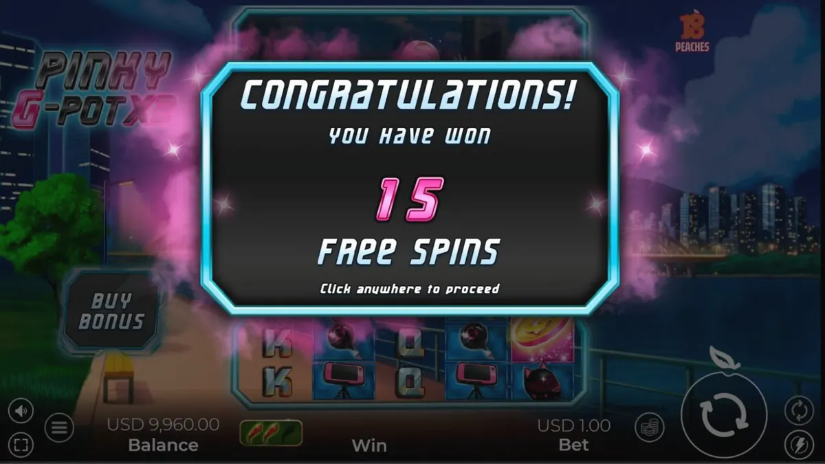 Cena noturna de Seul com elementos de neon e motocicletas inspirada no slot Pinky G-Pot X2