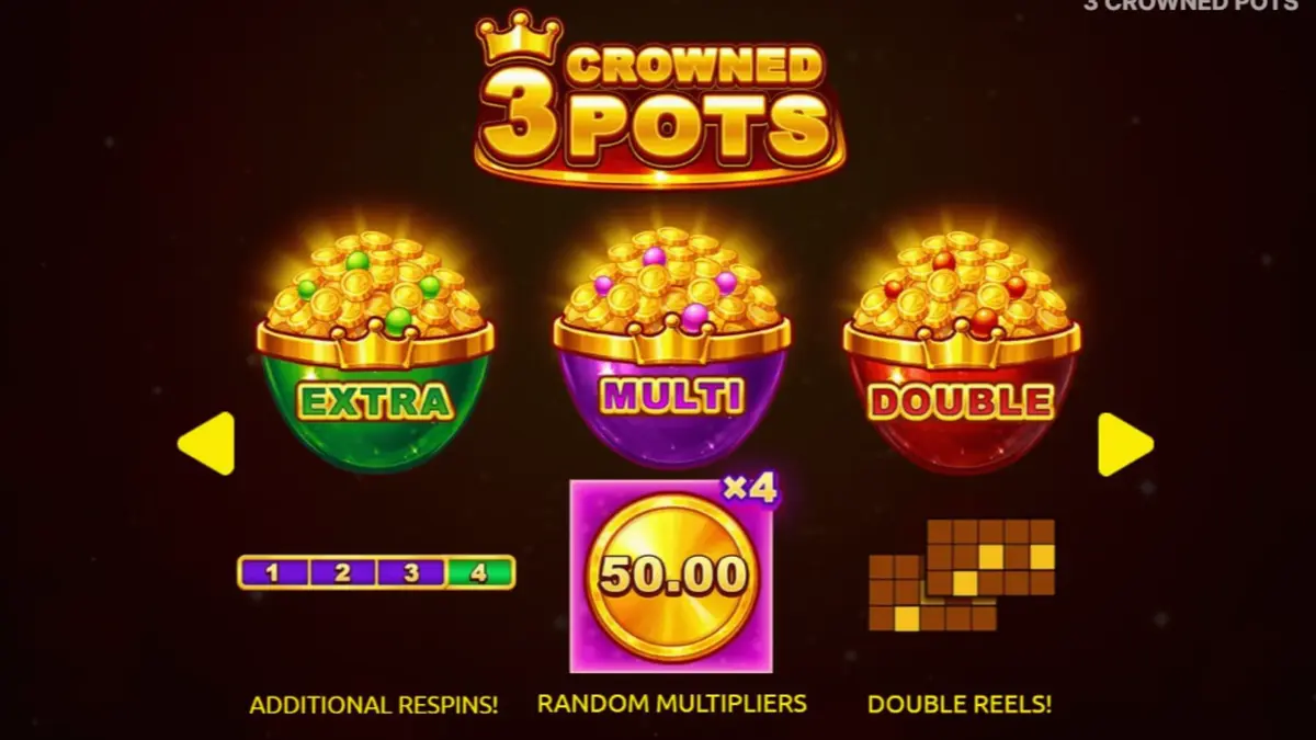 Interface do slot 3 Crowned Pots com símbolos de frutas e potes dourados